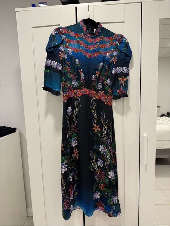 SALONI Dresses & Skirts - SALONI Teal and Black Floral High-Neck Midi Dress
